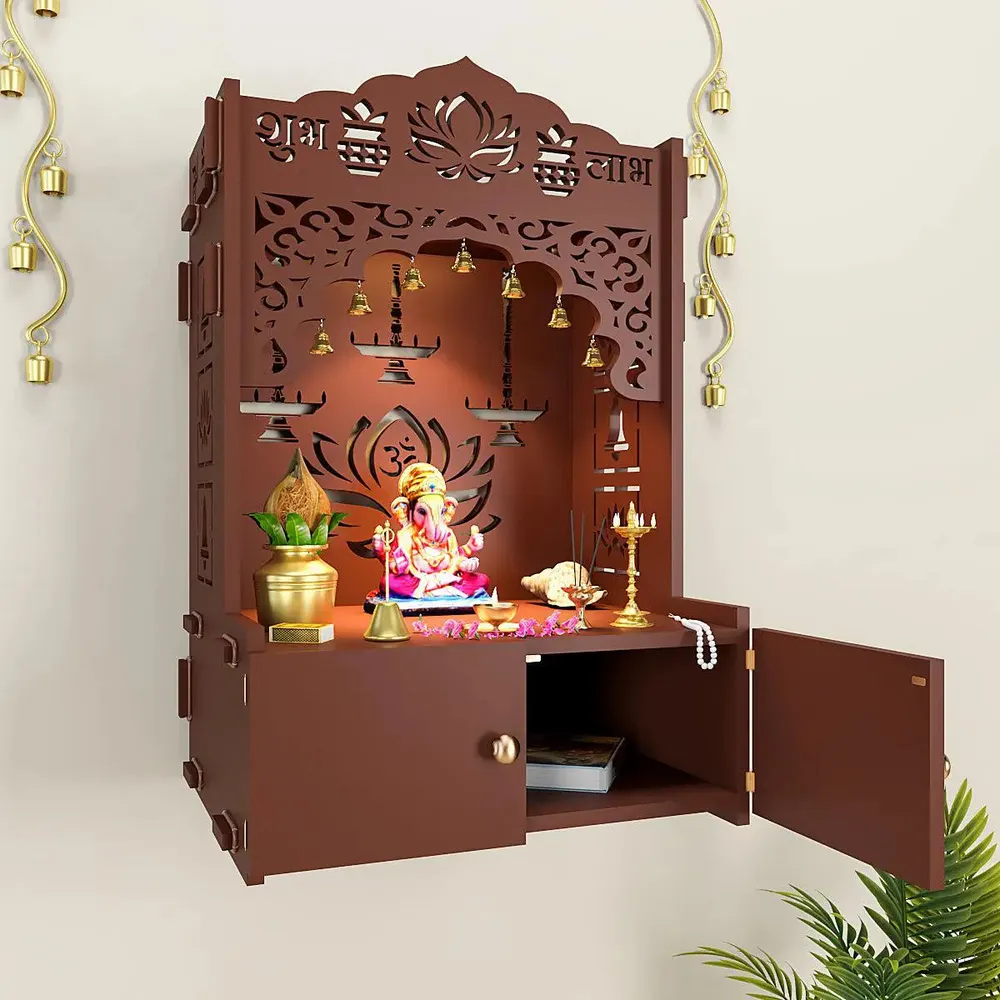 Lotus Brown Wooden Wall Temple for Home With Inbuilt focus Lights &amp; Spacious Shelf