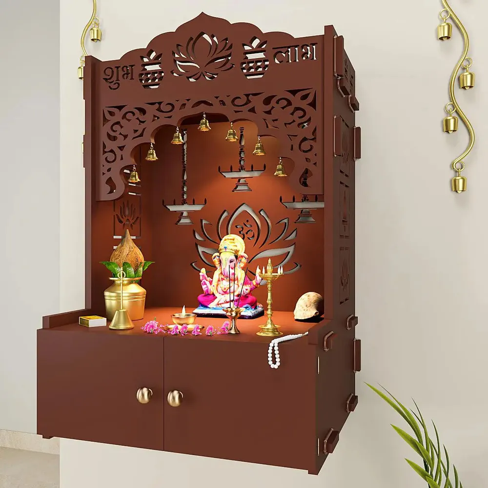 Lotus Brown Wooden Wall Temple for Home With Inbuilt focus Lights &amp; Spacious Shelf