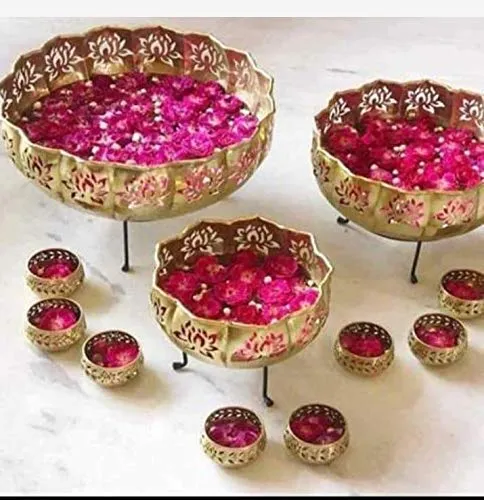 Lotus Designed Laser Cut Golden Urli Bowl Set Of 11