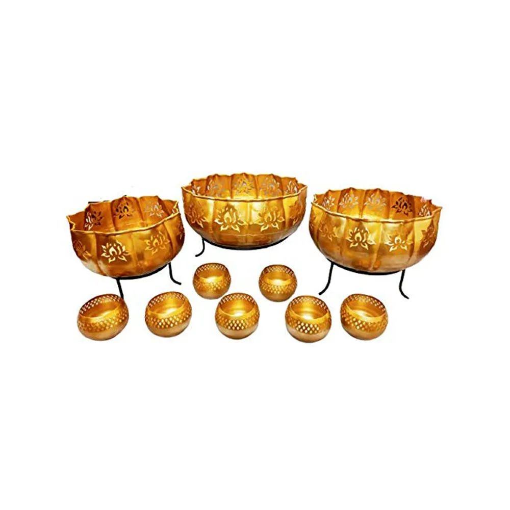 Lotus Designed Laser Cut Golden Urli Bowl Set Of 11