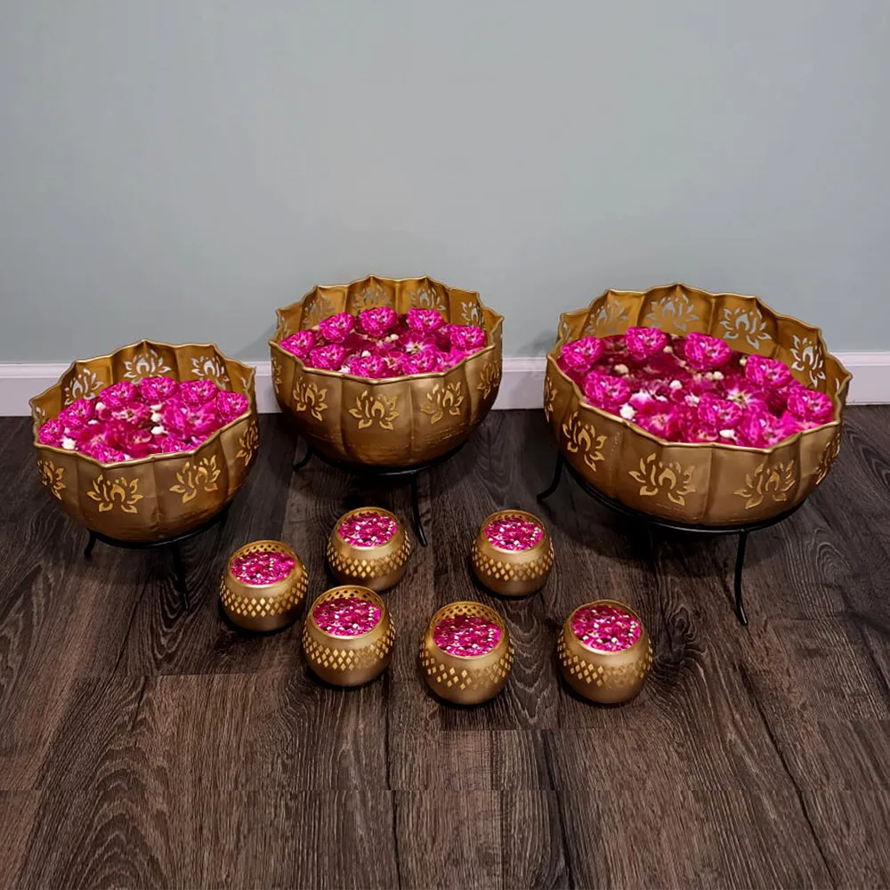 Lotus Designed Laser Cut Golden Urli Bowl Set Of 11