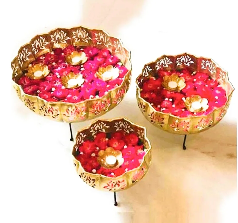 Lotus Designed Laser Cut Golden Urli Bowl Set Of 11