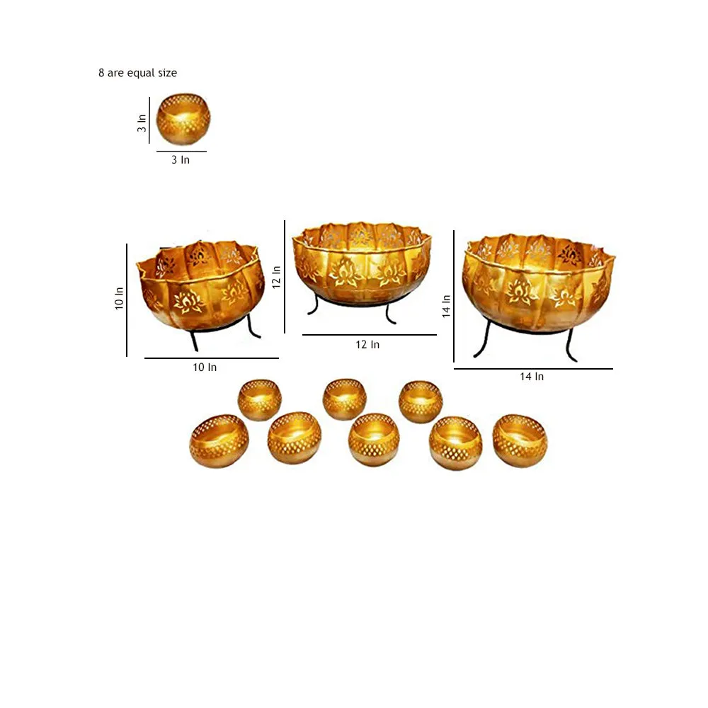 Lotus Designed Laser Cut Golden Urli Bowl Set Of 11