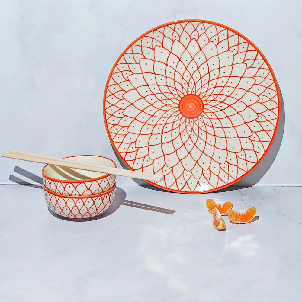 Lotus Designer Orange Ceramic Dinner Plate With 2 Bowls (Set Of 3)