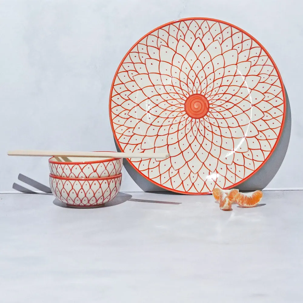 Lotus Designer Orange Ceramic Dinner Plate With 2 Bowls (Set Of 3)