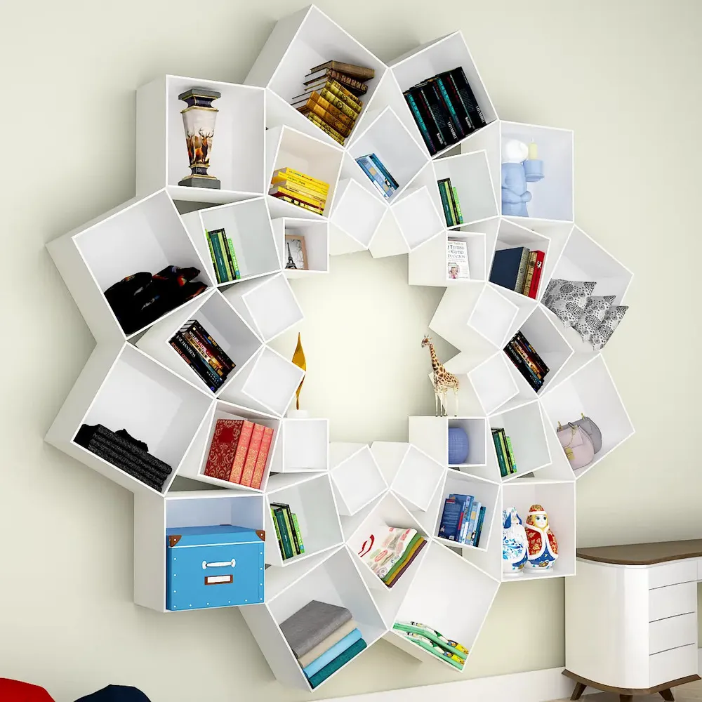 Lotus Flower Bookshelf Wooden Wall Cabinet / Book Shelf, White Color