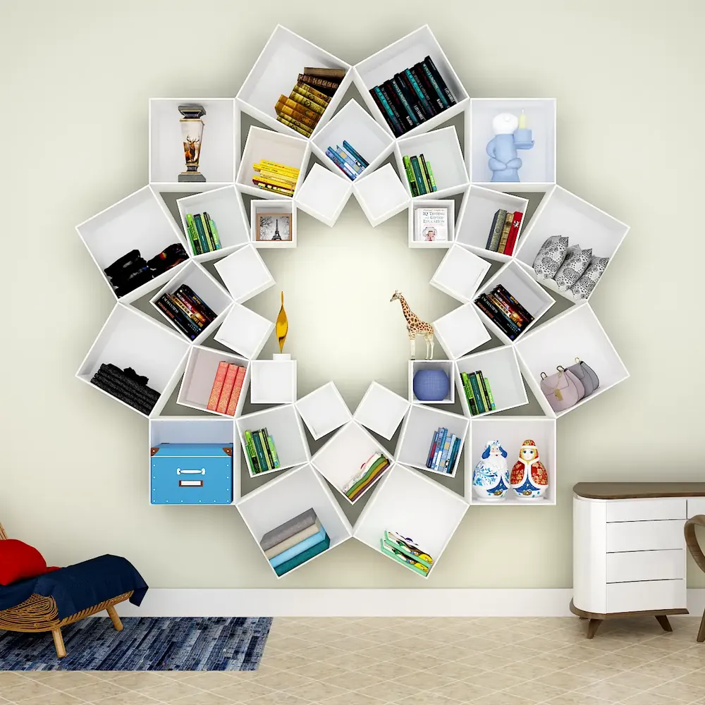 Lotus Flower Bookshelf Wooden Wall Cabinet / Book Shelf, White Color