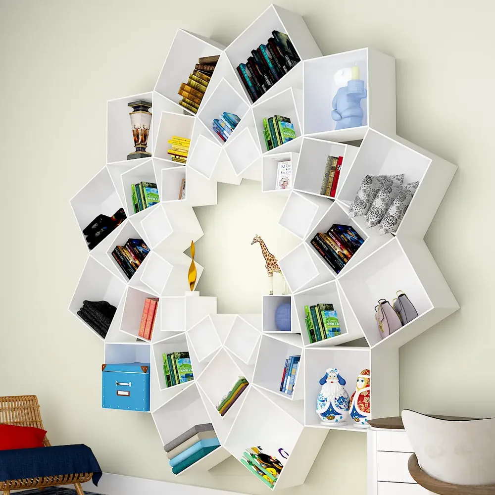 Lotus Flower Bookshelf Wooden Wall Cabinet / Book Shelf, White Color