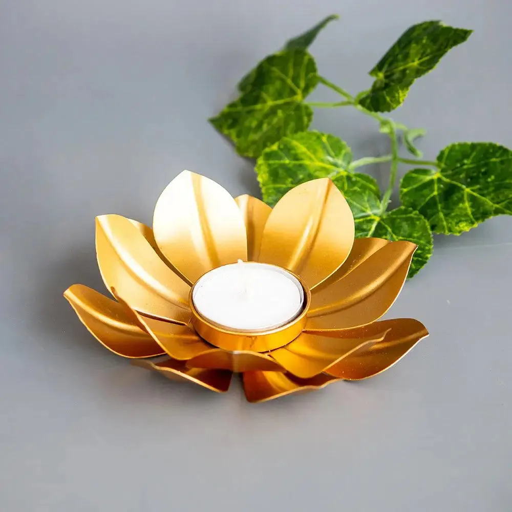 Lotus Metal Tea Light Candle Holders in Golden Finish- Set of 2