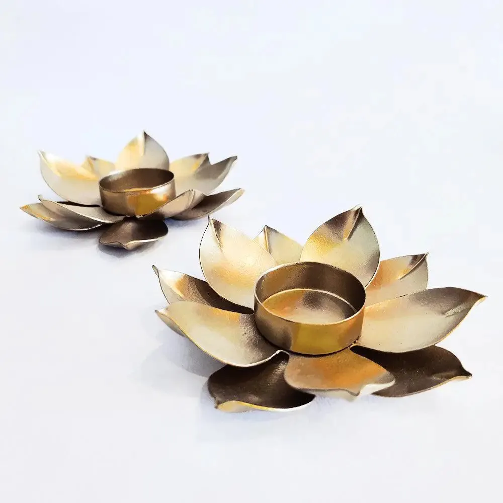 Lotus Metal Tea Light Candle Holders in Golden Finish- Set of 2