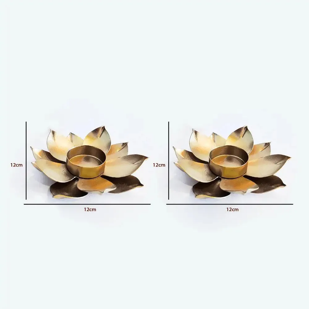 Lotus Metal Tea Light Candle Holders in Golden Finish- Set of 2