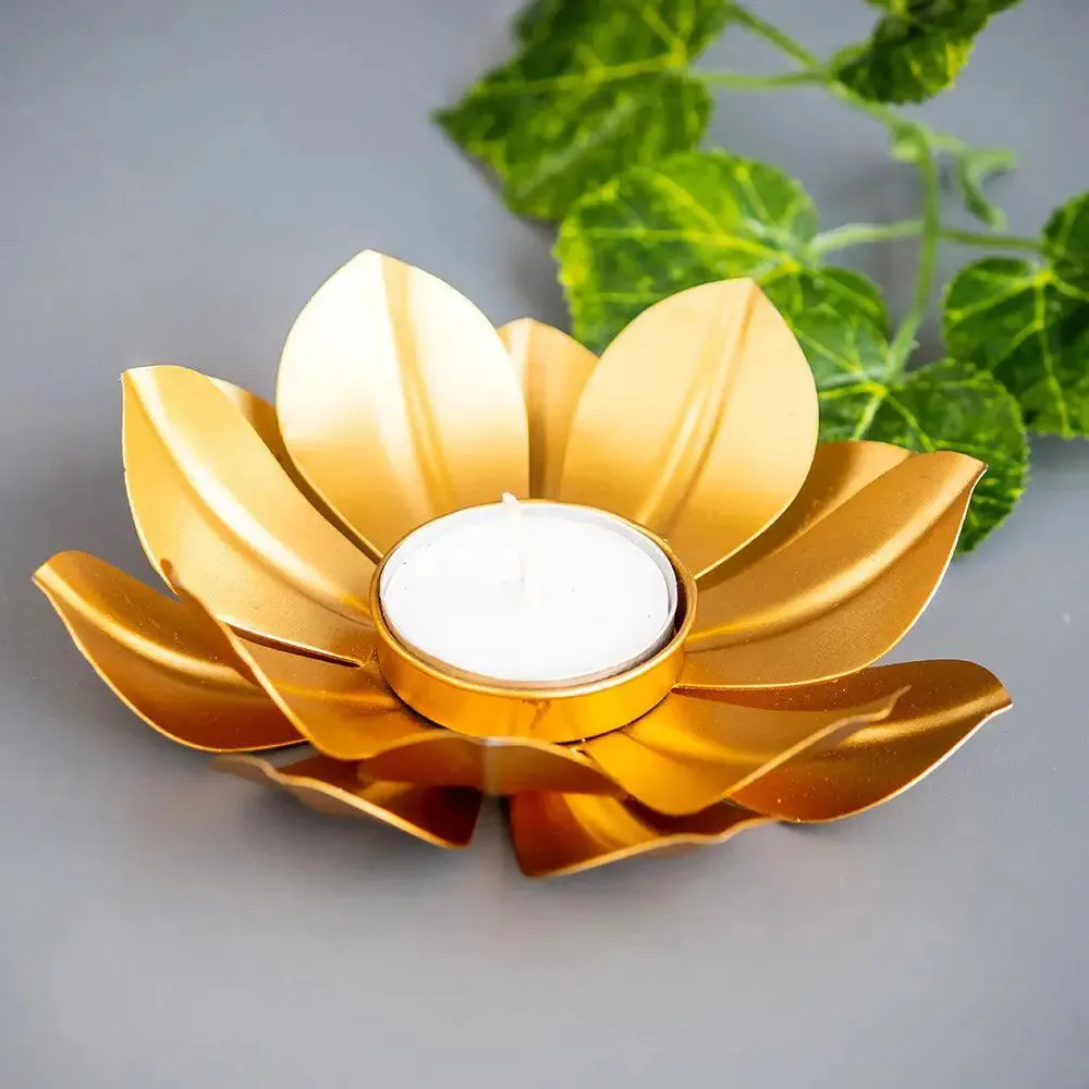 Lotus Metal Tea Light Candle Holders in Golden Finish- Set of 2
