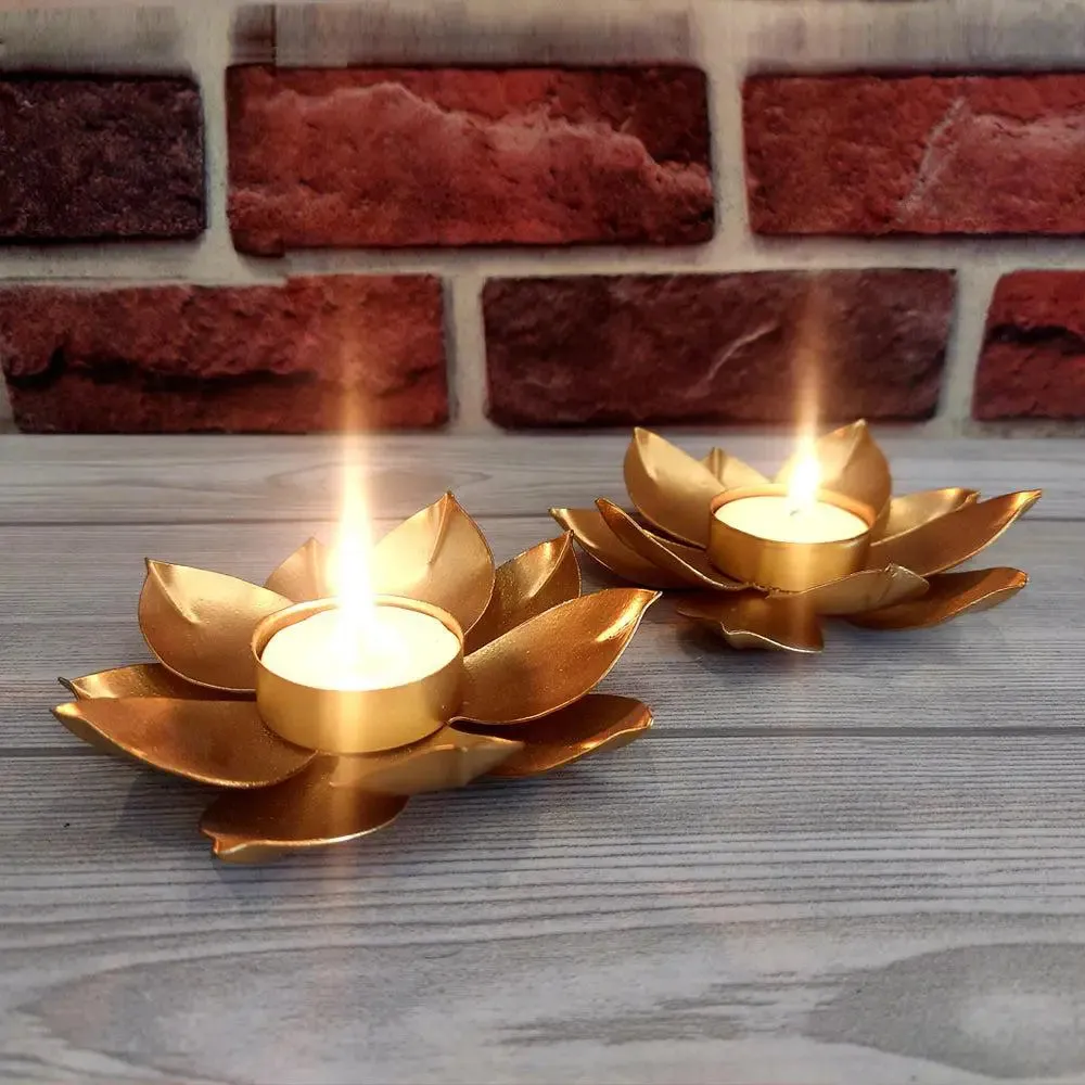 Lotus Metal Tea Light Candle Holders in Golden Finish- Set of 2