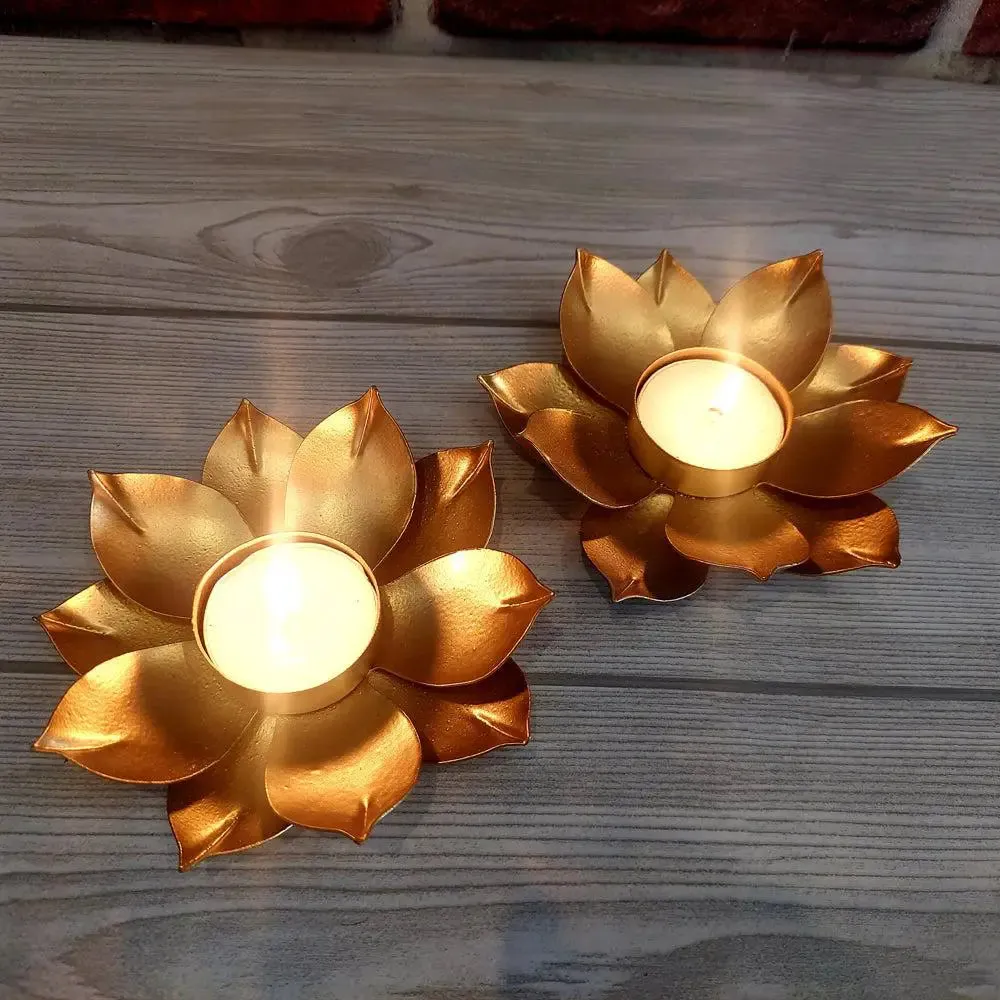 Lotus Metal Tea Light Candle Holders in Golden Finish- Set of 2