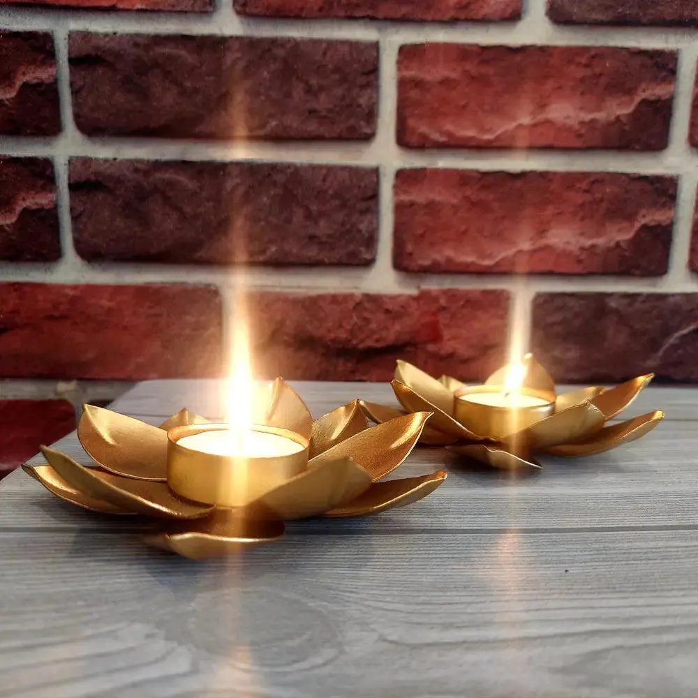 Lotus Metal Tea Light Candle Holders in Golden Finish- Set of 2