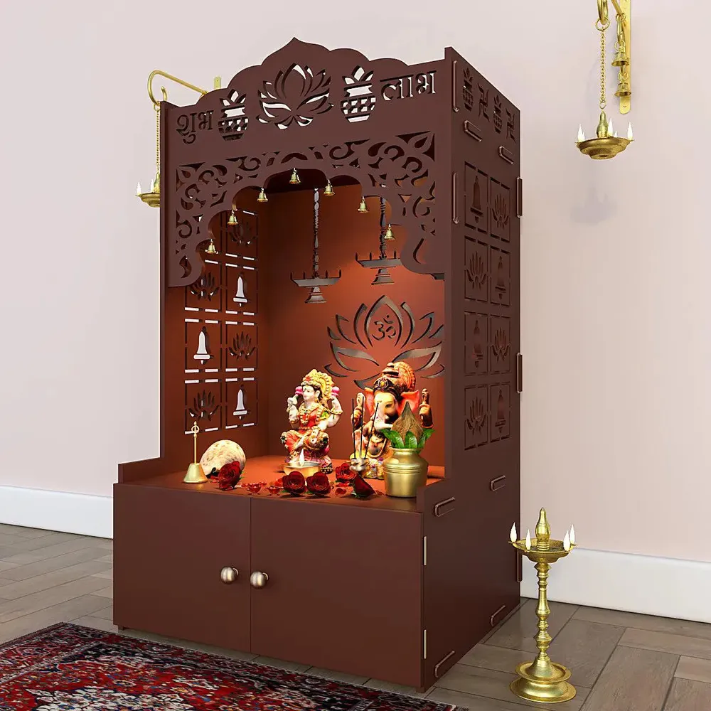 Lotus Pattern MDF Wood Temple with Spacious Shelf &amp; Inbuilt Focus Light- Brown