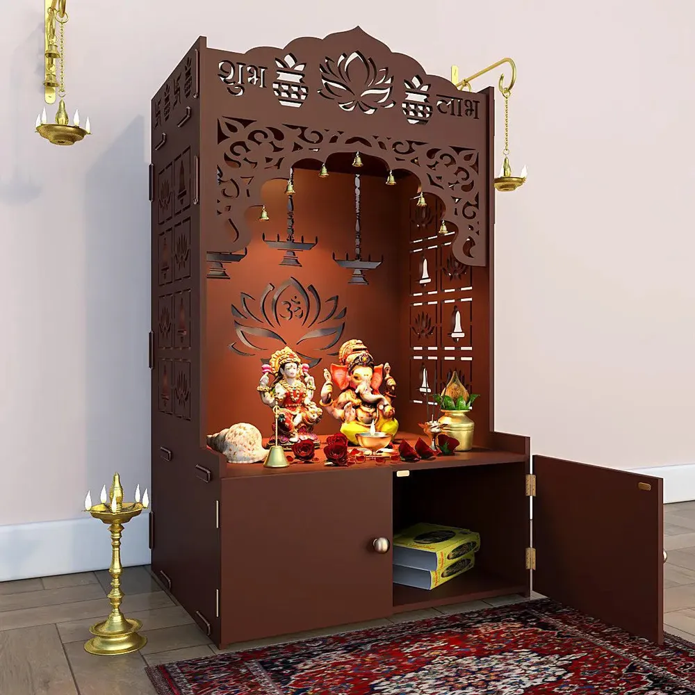 Lotus Pattern MDF Wood Temple with Spacious Shelf &amp; Inbuilt Focus Light- Brown