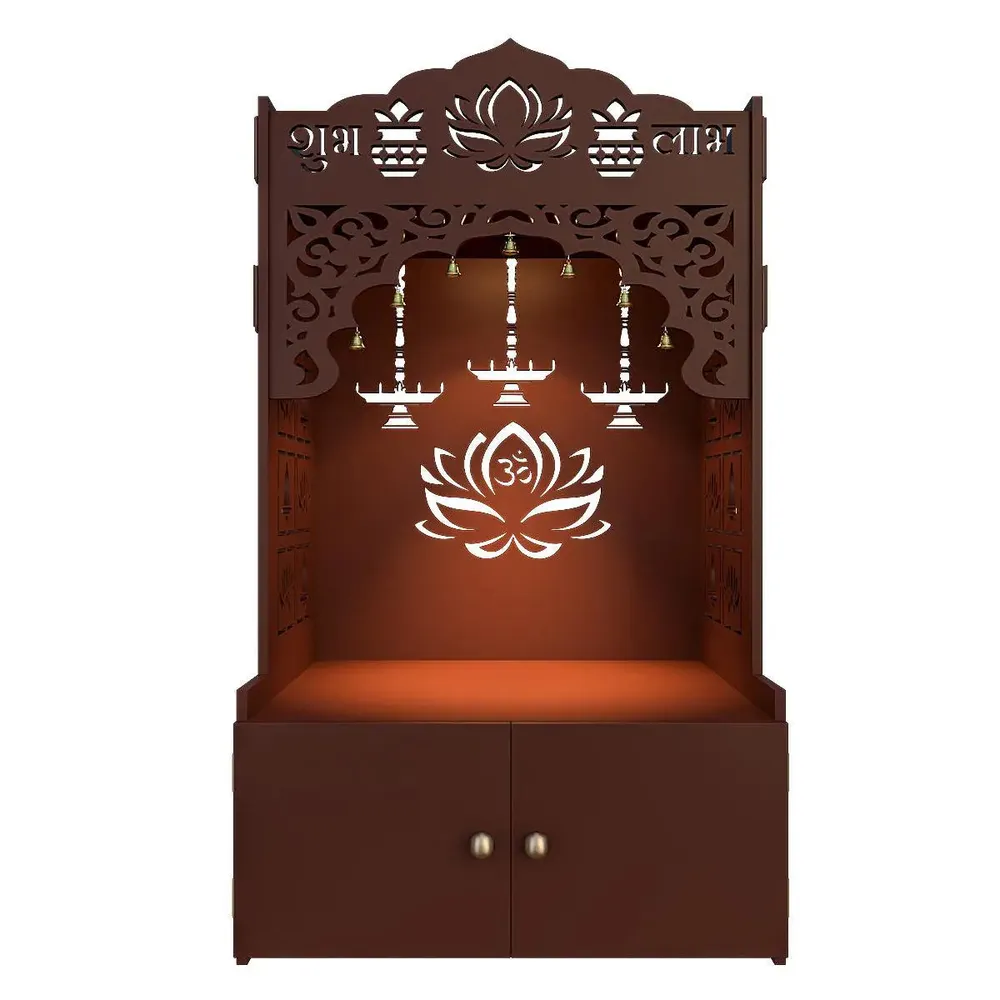 Lotus Pattern MDF Wood Temple with Spacious Shelf &amp; Inbuilt Focus Light- Brown