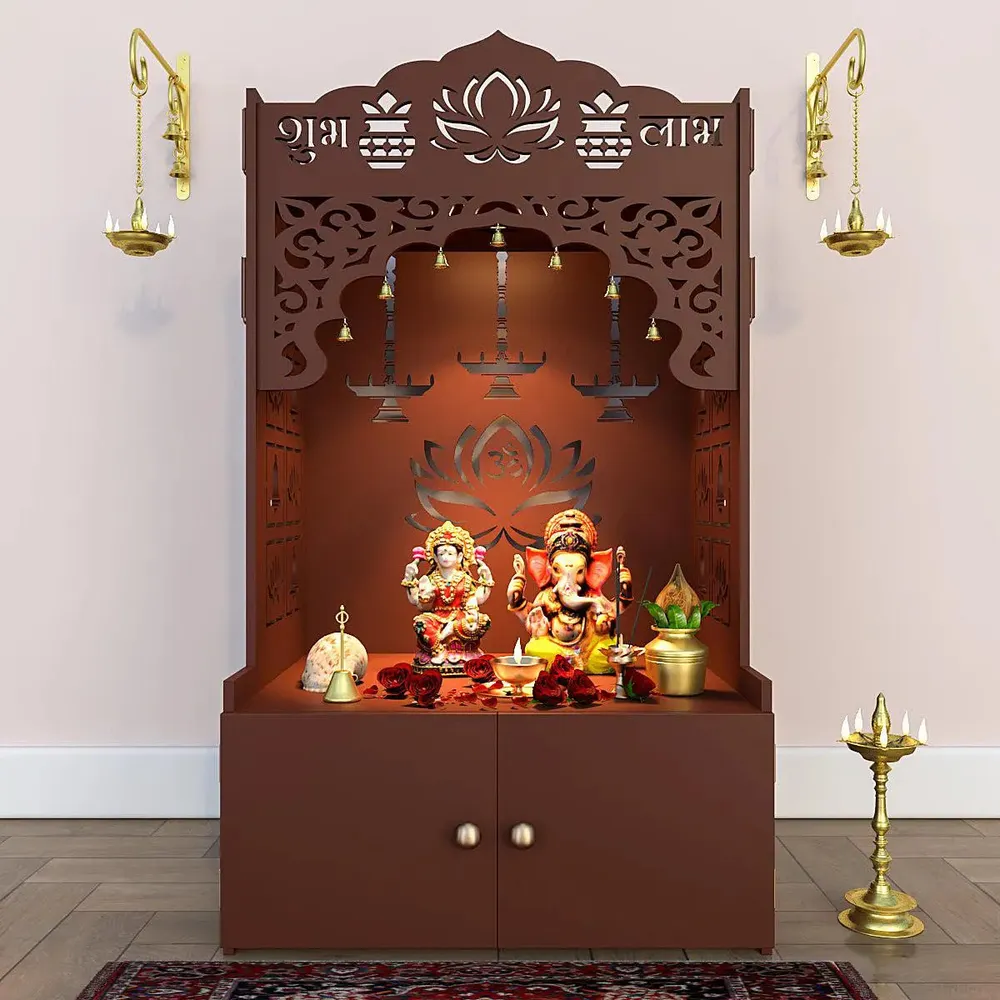 Lotus Pattern MDF Wood Temple with Spacious Shelf &amp; Inbuilt Focus Light- Brown