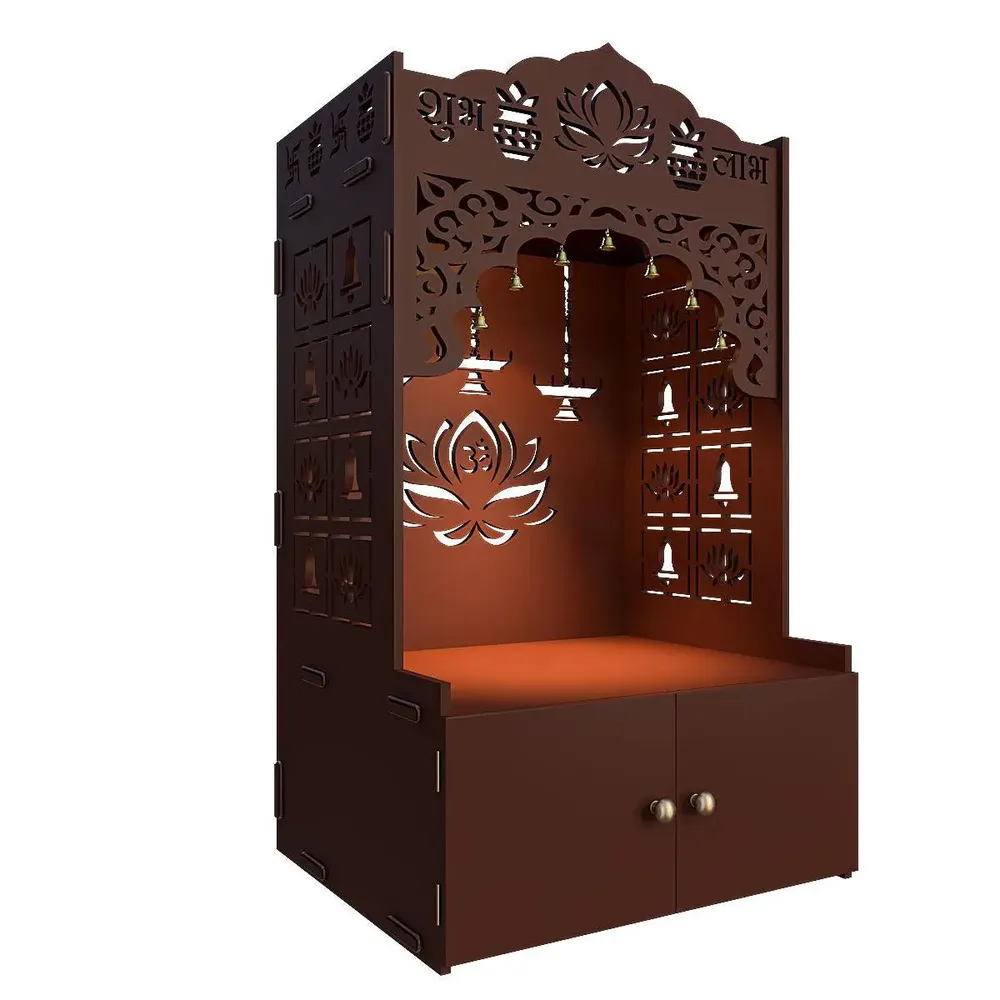 Lotus Pattern MDF Wood Temple with Spacious Shelf &amp; Inbuilt Focus Light- Brown