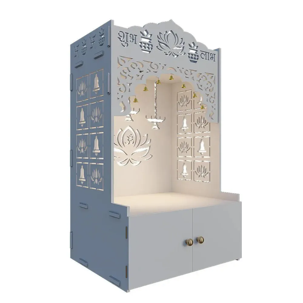 Lotus Pattern MDF Wood Temple with Spacious Shelf &amp; Inbuilt Focus Light- White
