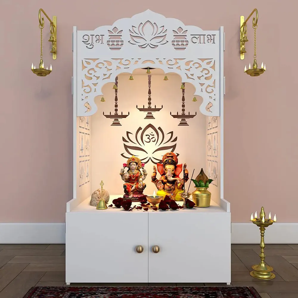 Lotus Pattern MDF Wood Temple with Spacious Shelf &amp; Inbuilt Focus Light- White