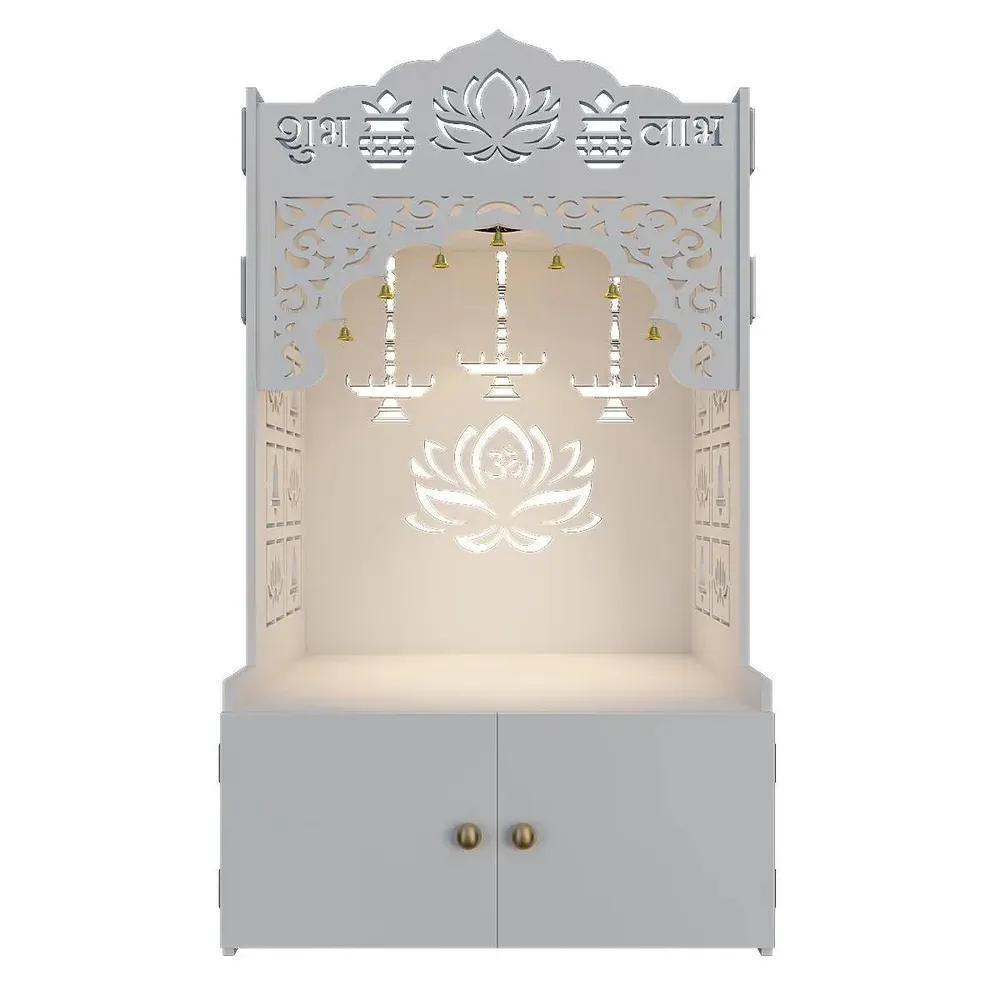 Lotus Pattern MDF Wood Temple with Spacious Shelf &amp; Inbuilt Focus Light- White