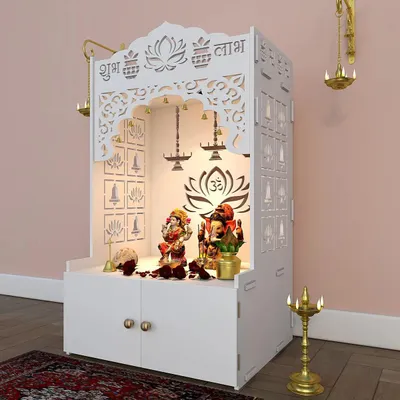 Lotus Pattern MDF Wood Temple with Spacious Shelf &amp; Inbuilt Focus Light- White