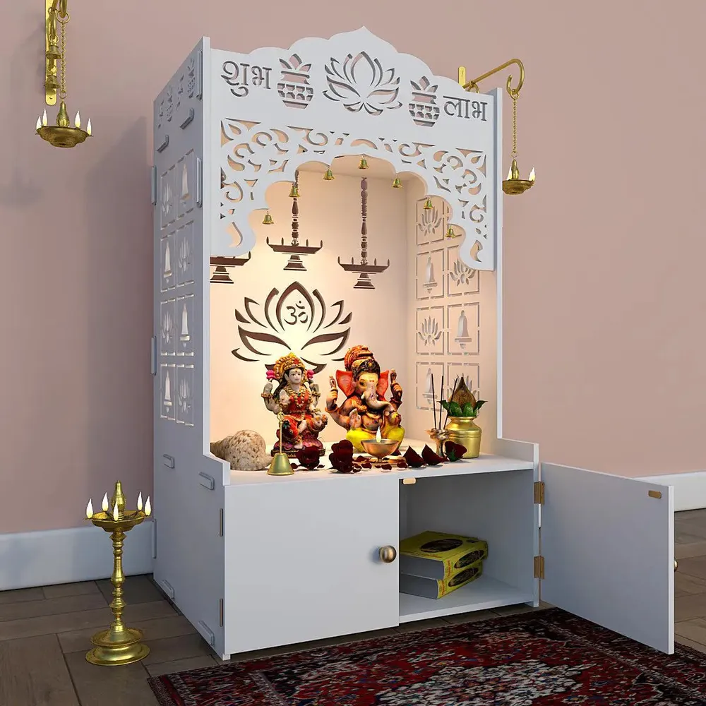 Lotus Pattern MDF Wood Temple with Spacious Shelf &amp; Inbuilt Focus Light- White