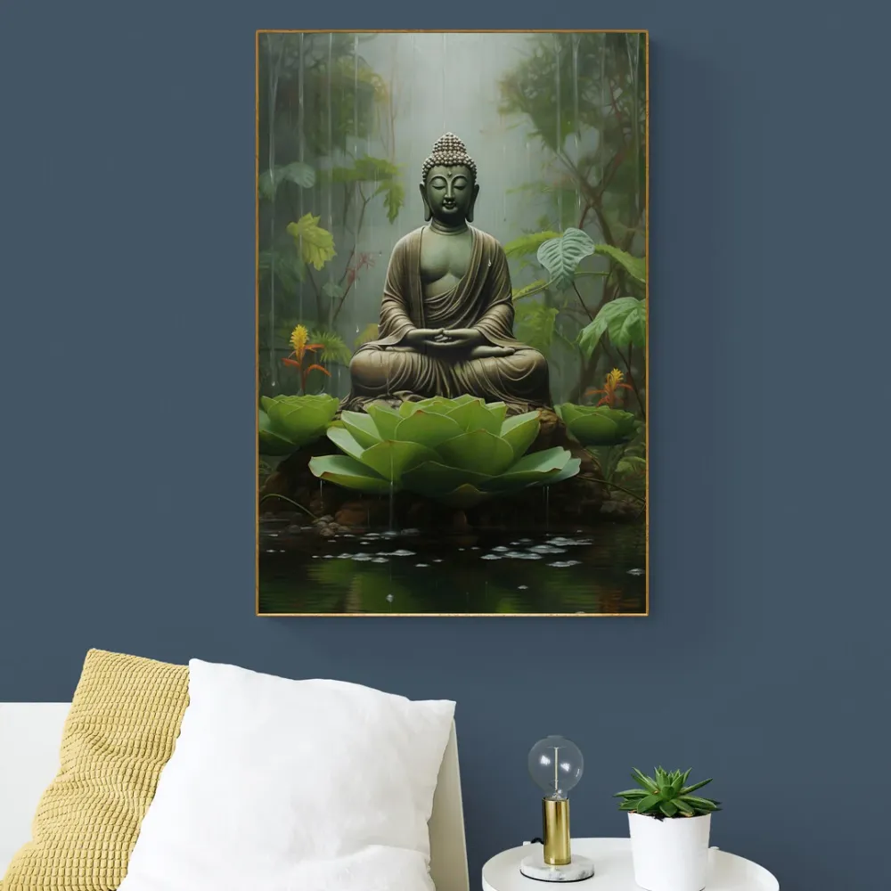 Lotus Throne Meditation Buddha Canvas Wall Painting With Frame