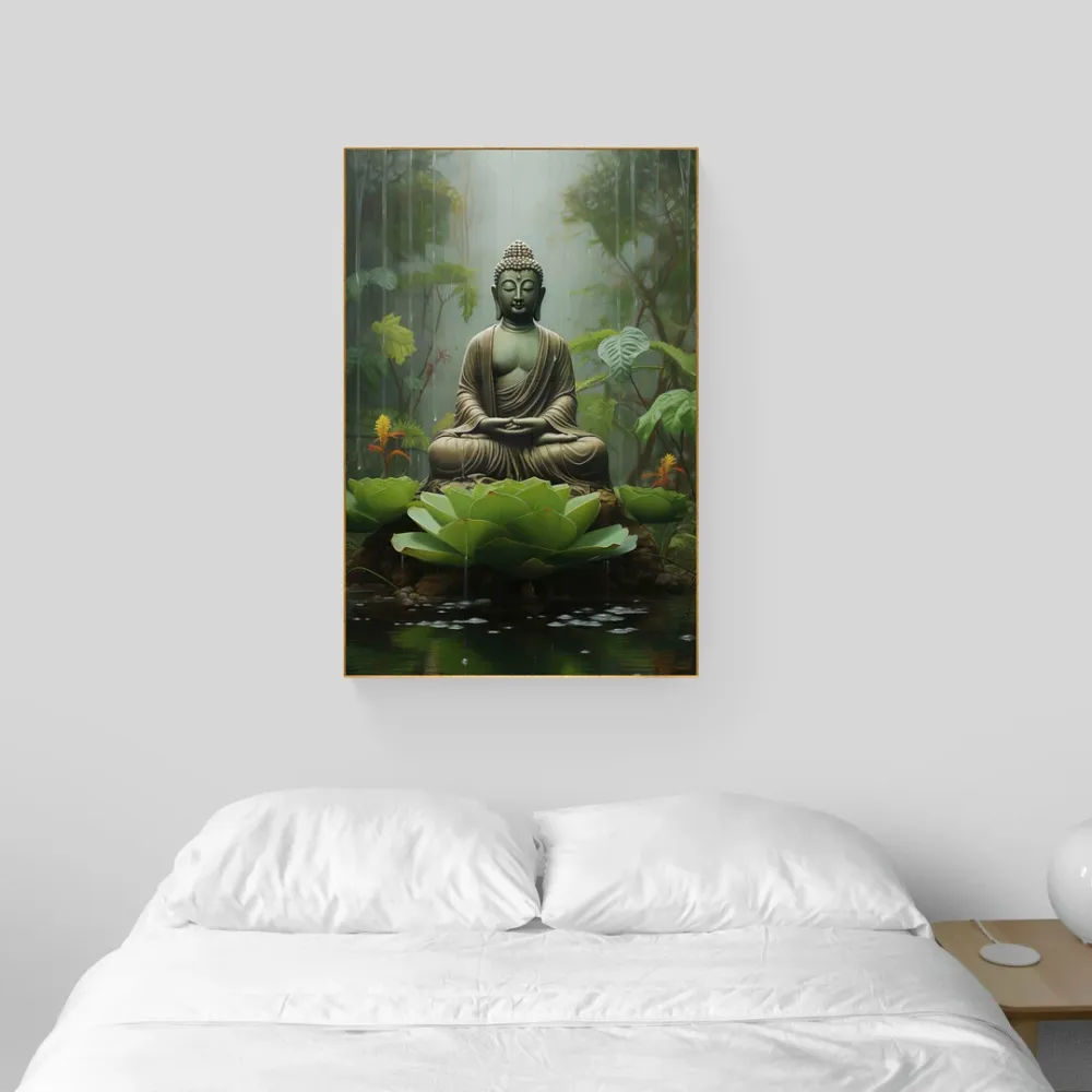 Lotus Throne Meditation Buddha Canvas Wall Painting With Frame