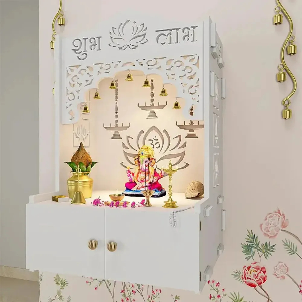 Lotus White Finish Wooden Wall Temple for Home With Inbuilt focus Lights &amp; Spacious Shelf