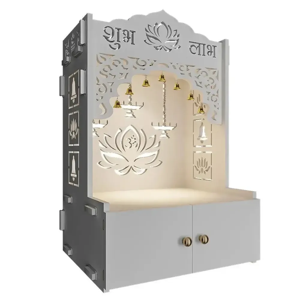 Lotus White Finish Wooden Wall Temple for Home With Inbuilt focus Lights &amp; Spacious Shelf