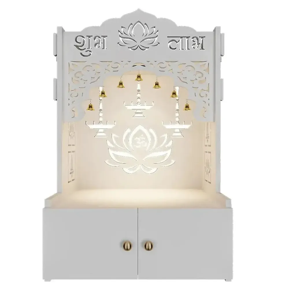 Lotus White Finish Wooden Wall Temple for Home With Inbuilt focus Lights &amp; Spacious Shelf