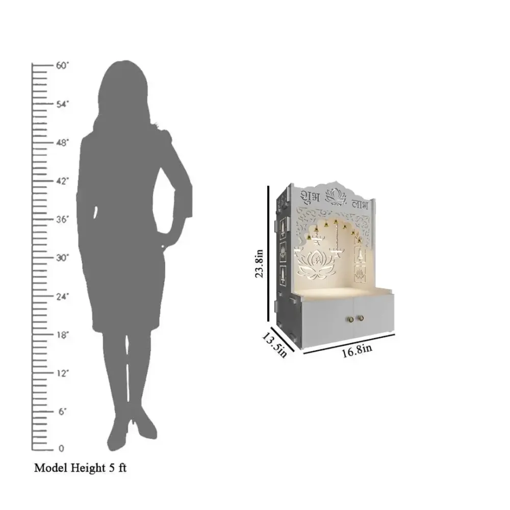 Lotus White Finish Wooden Wall Temple for Home With Inbuilt focus Lights &amp; Spacious Shelf