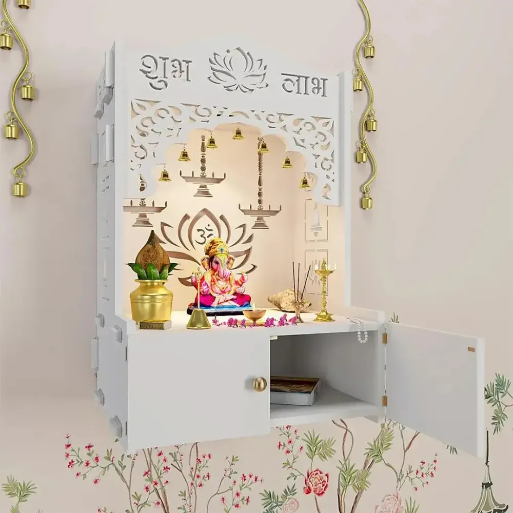 Lotus White Finish Wooden Wall Temple for Home With Inbuilt focus Lights &amp; Spacious Shelf
