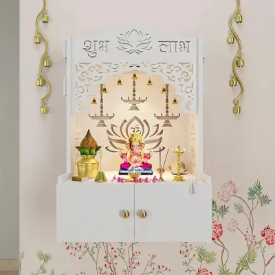 Lotus White Finish Wooden Wall Temple for Home With Inbuilt focus Lights &amp; Spacious Shelf