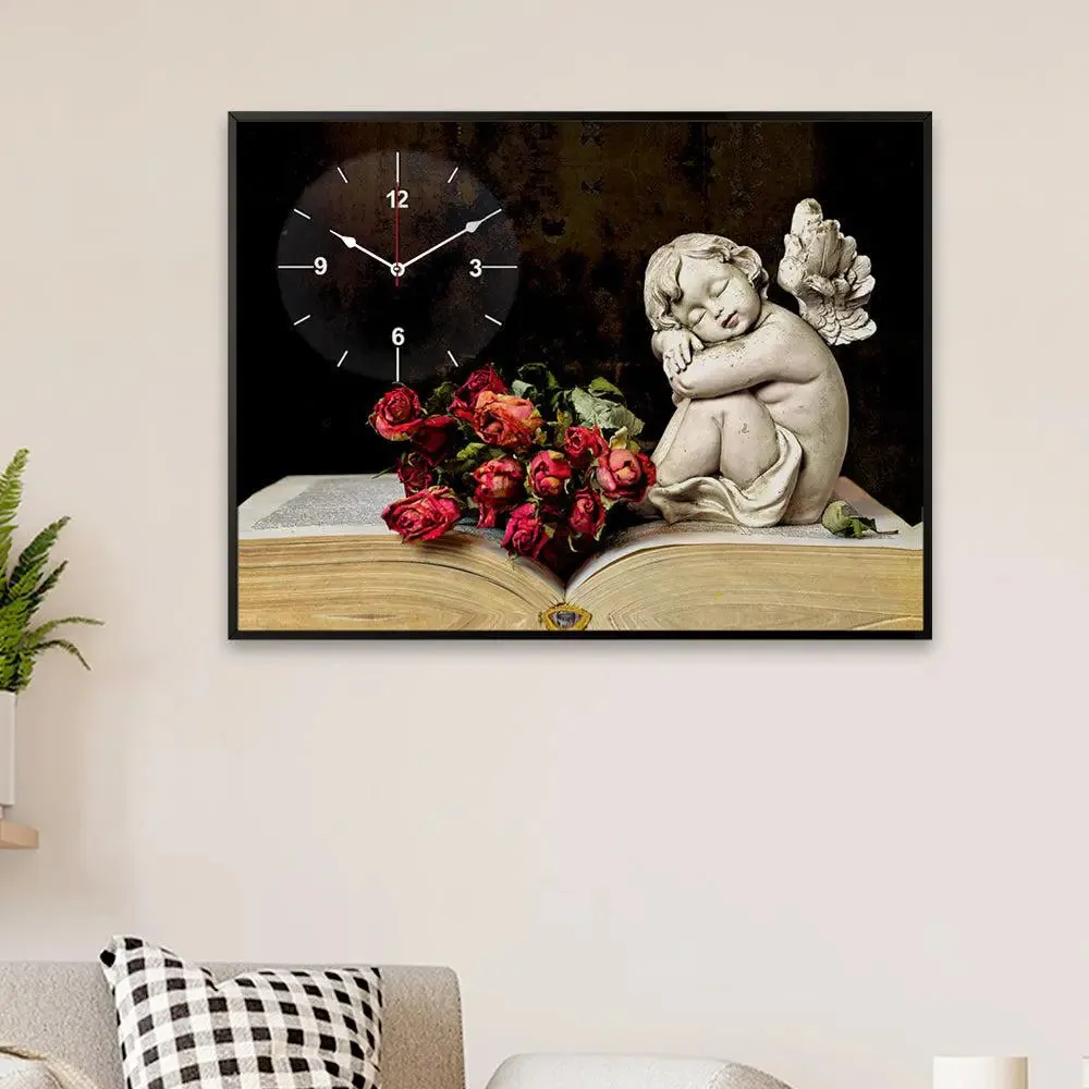 Love Angel With Flowers Canvas Printed Decorative Wall Clock With Floating Frame