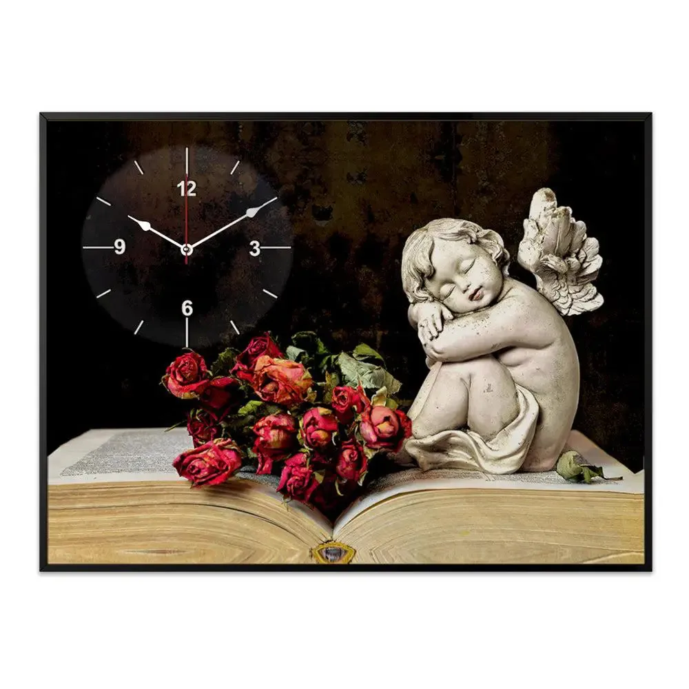 Love Angel With Flowers Canvas Printed Decorative Wall Clock With Floating Frame