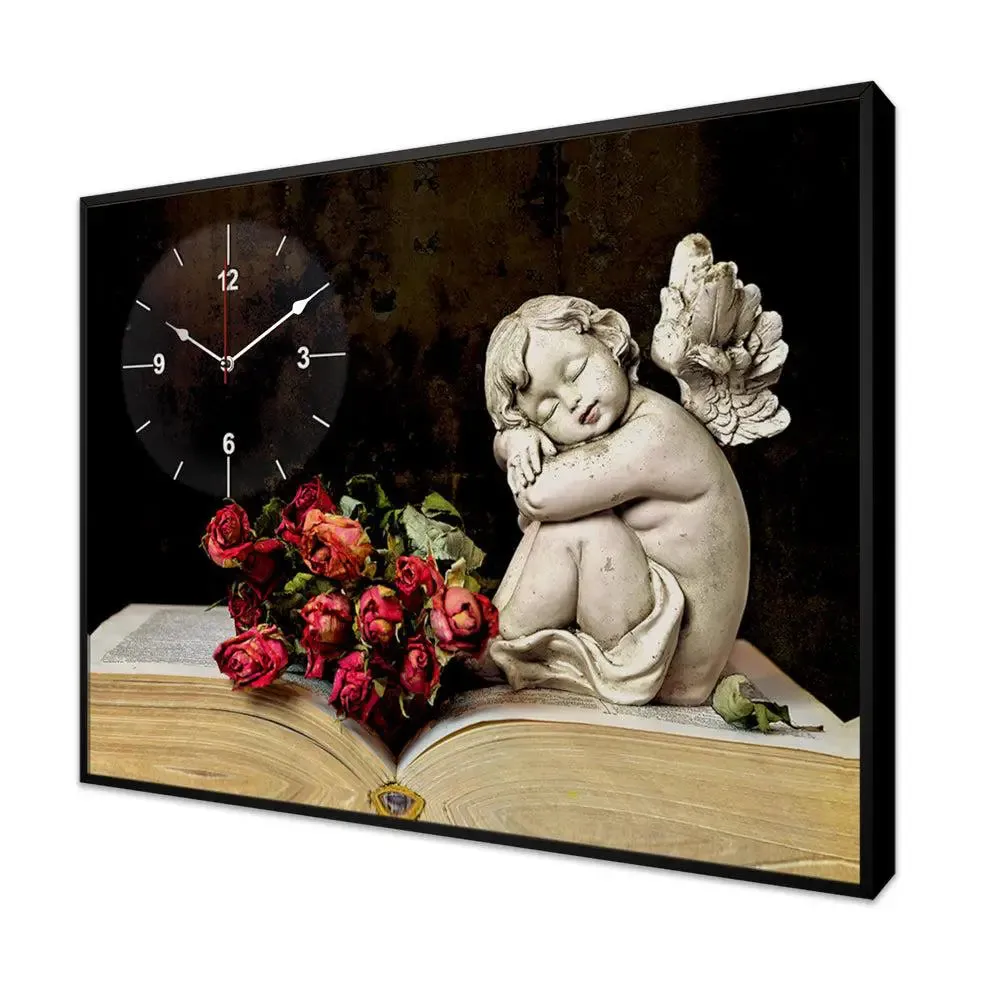 Love Angel With Flowers Canvas Printed Decorative Wall Clock With Floating Frame