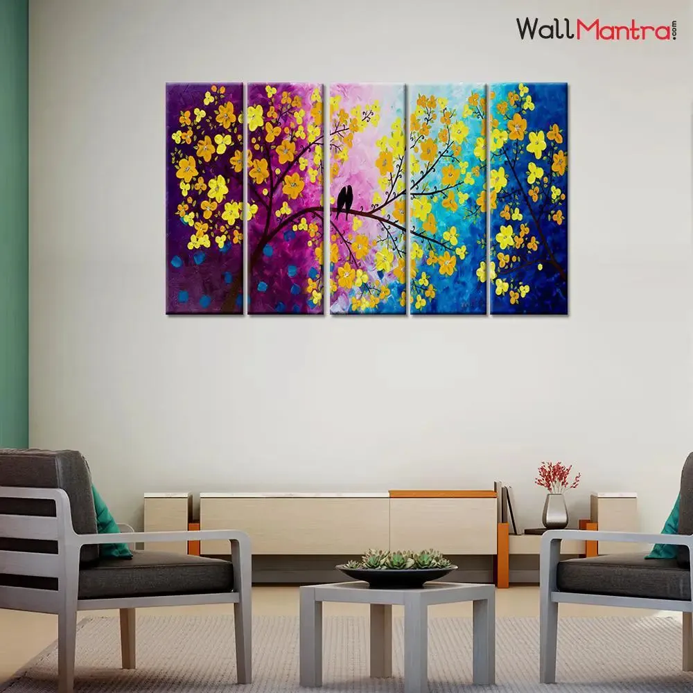 Love Bird On Colourful Tree Branch 5 Pieces Canvas Print Wall Painting
