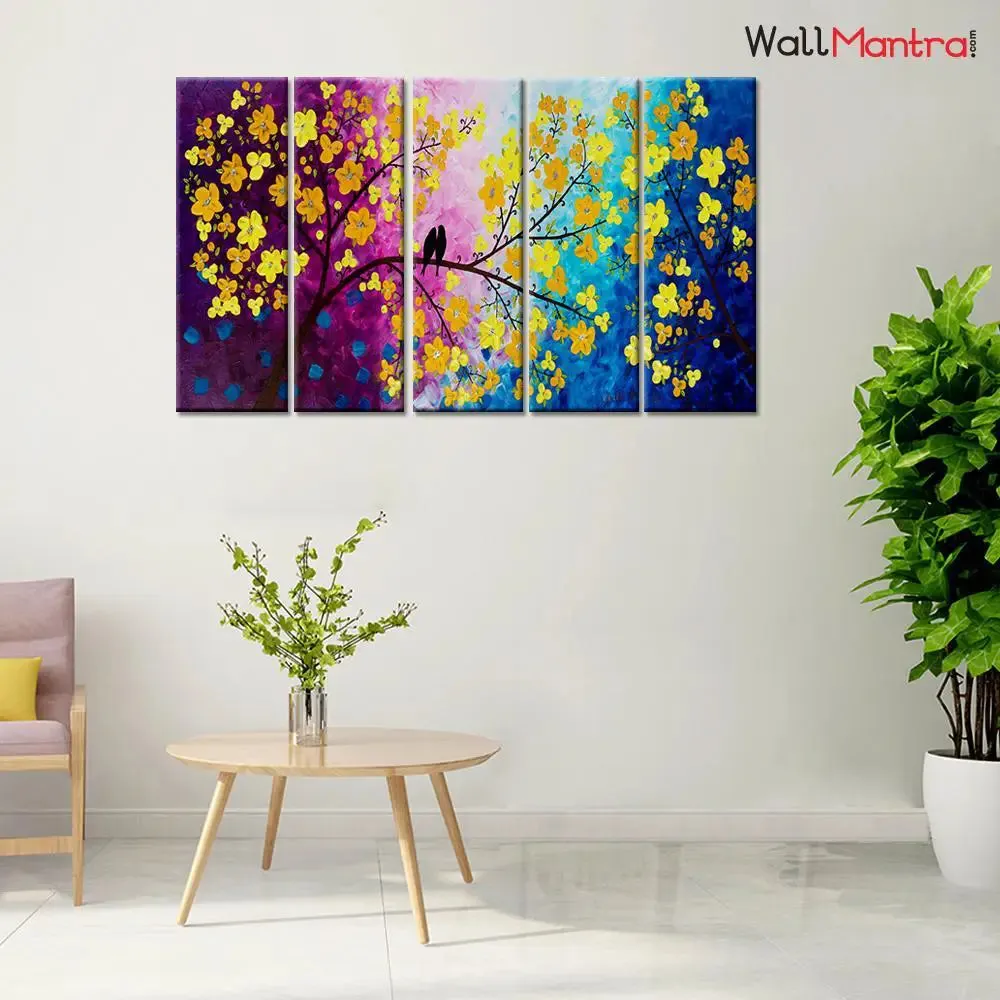 Love Bird On Colourful Tree Branch 5 Pieces Canvas Print Wall Painting