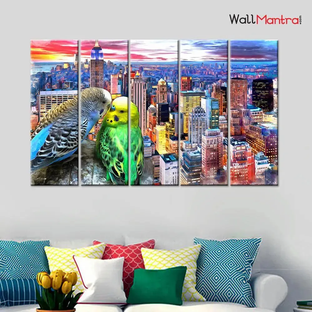 Love Bird Watercolor Painting from New York City Canvas Painting 5 Pieces Canvas Print Wall Painting