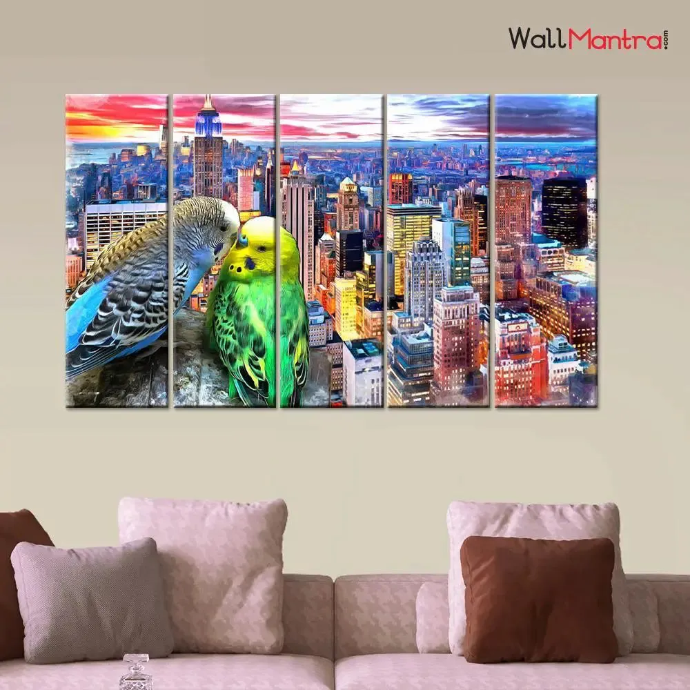 Love Bird Watercolor Painting from New York City Canvas Painting 5 Pieces Canvas Print Wall Painting