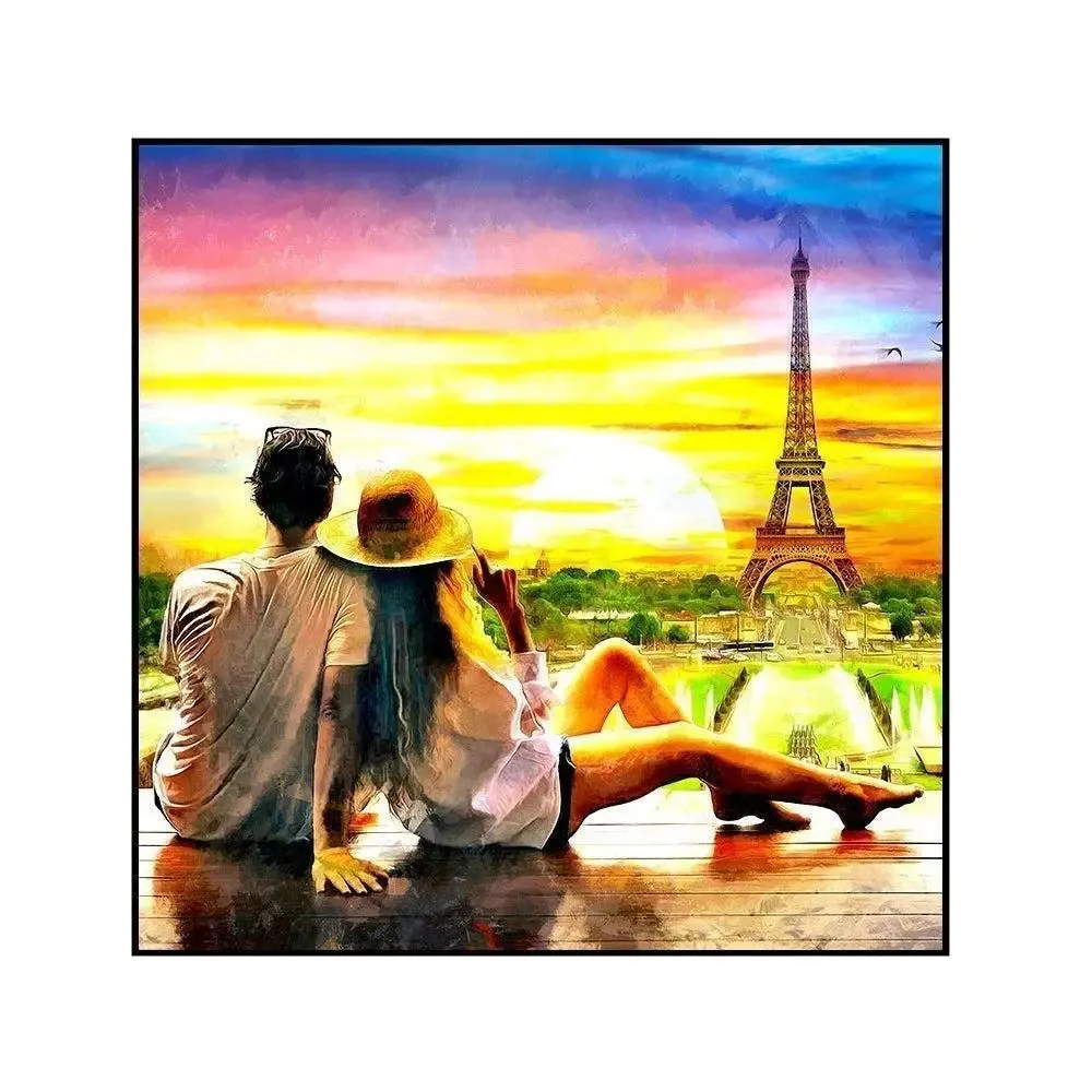 Love Couple Looking at Sunset in Black Floating Frame Painting On Canvas Frame (Size: 57 cm (H) X 57 cm (W)