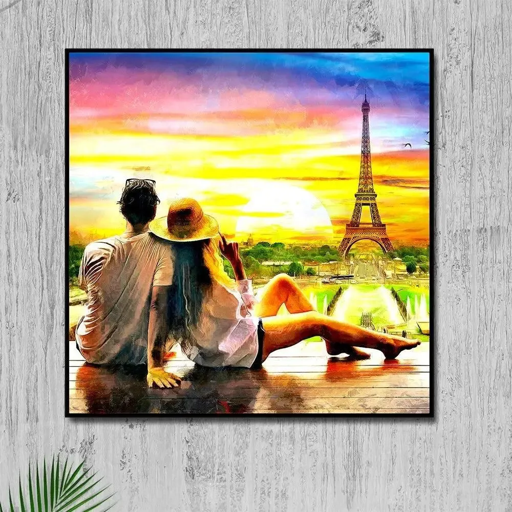 Love Couple Looking at Sunset in Black Floating Frame Painting On Canvas Frame (Size: 57 cm (H) X 57 cm (W)