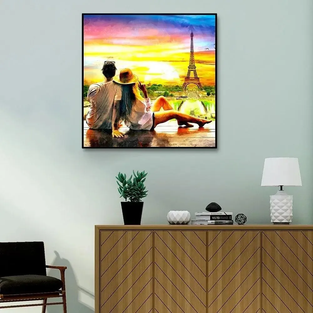 Love Couple Looking at Sunset in Black Floating Frame Painting On Canvas Frame (Size: 57 cm (H) X 57 cm (W)