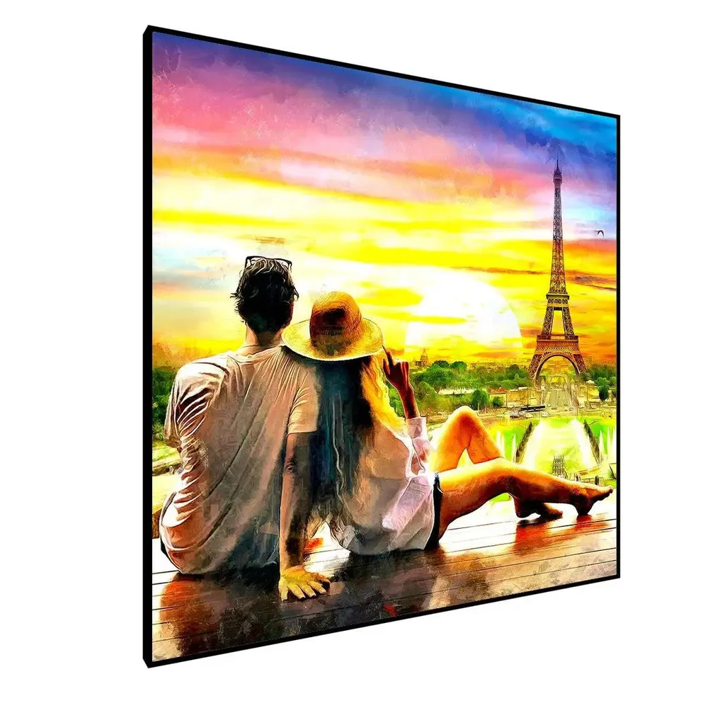 Love Couple Looking at Sunset in Black Floating Frame Painting On Canvas Frame (Size: 57 cm (H) X 57 cm (W)