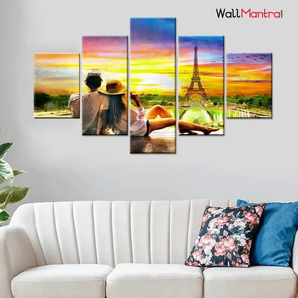 Love Couple Looking Too Sunset 5 Pieces Canvas Print Wall Painting