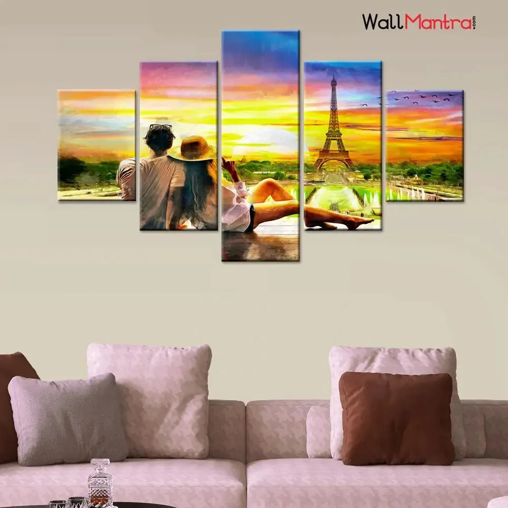 Love Couple Looking Too Sunset 5 Pieces Canvas Print Wall Painting